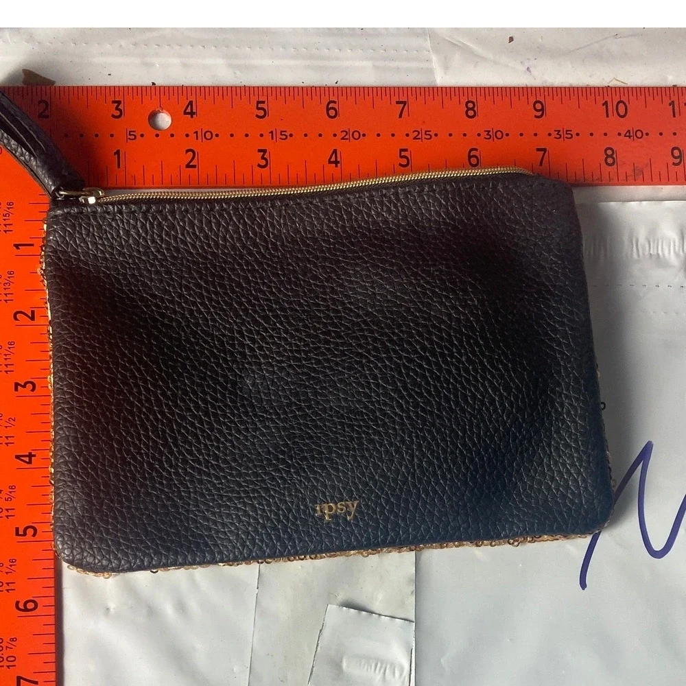Ipsy Gold Sequin Black Pebbled Faux Leather Makeup Bag Pouch Small Glam Sparkle